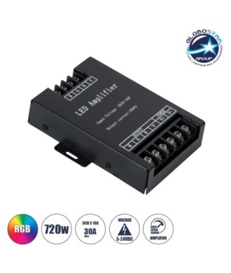 GLOBOSTAR® RGBAMPLIFIER 73393 DC Ενισχυτής Ισχύος & Σήματος Υψηλής Ταχύτητας με 3 x 10A 240W Κανάλια DC 12-24V 30A 720W Max IP20 - Μ11 x Π9 x Υ2.5cm - 2 Χρόνια Εγγύηση